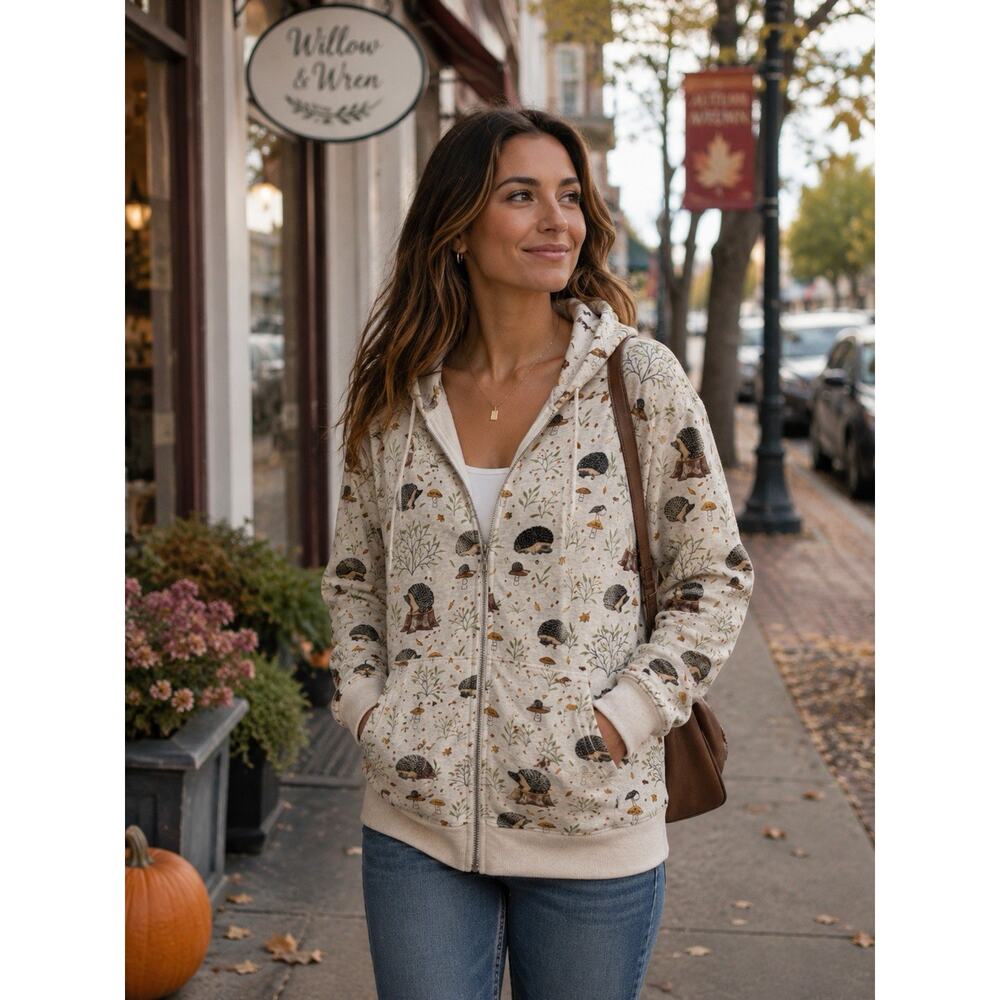 Hedgehog Zip Up Hoodie Women’s Sweatshirt XL Cute Animal Graphic Hoodie New/ Tag